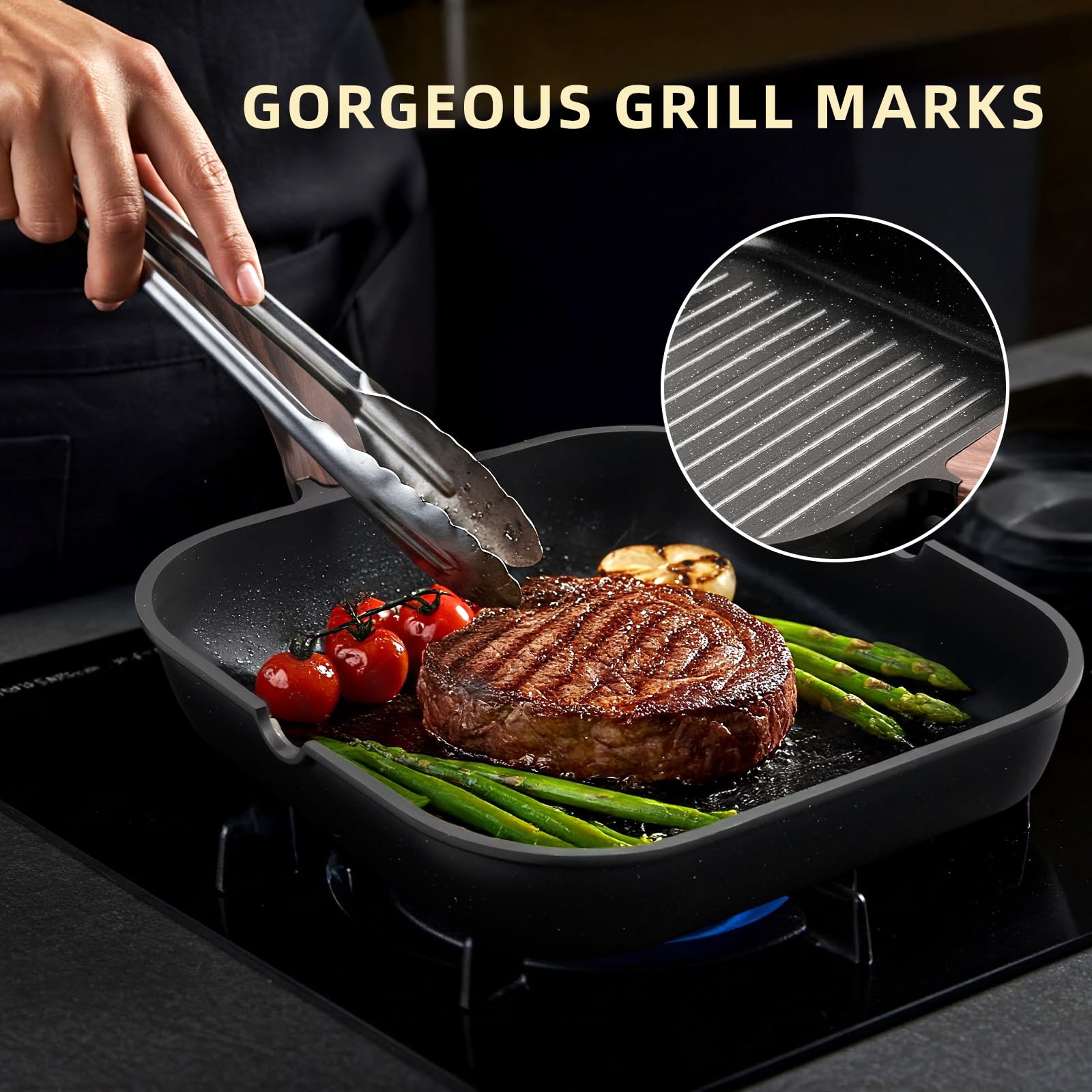 Kikcoine 9.5 Inch Nonstick Grill Pan for Indoor Cooking