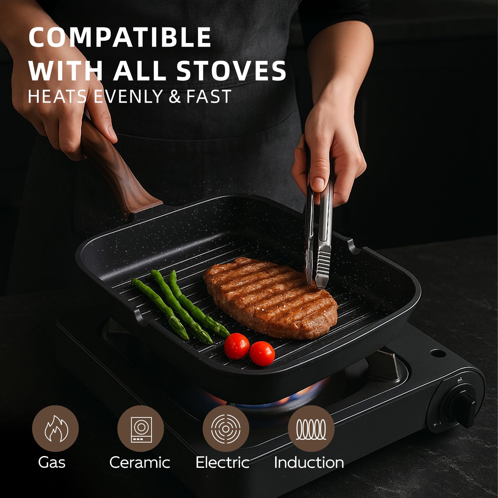 Kikcoine 9.5 Inch Nonstick Grill Pan for Indoor Cooking