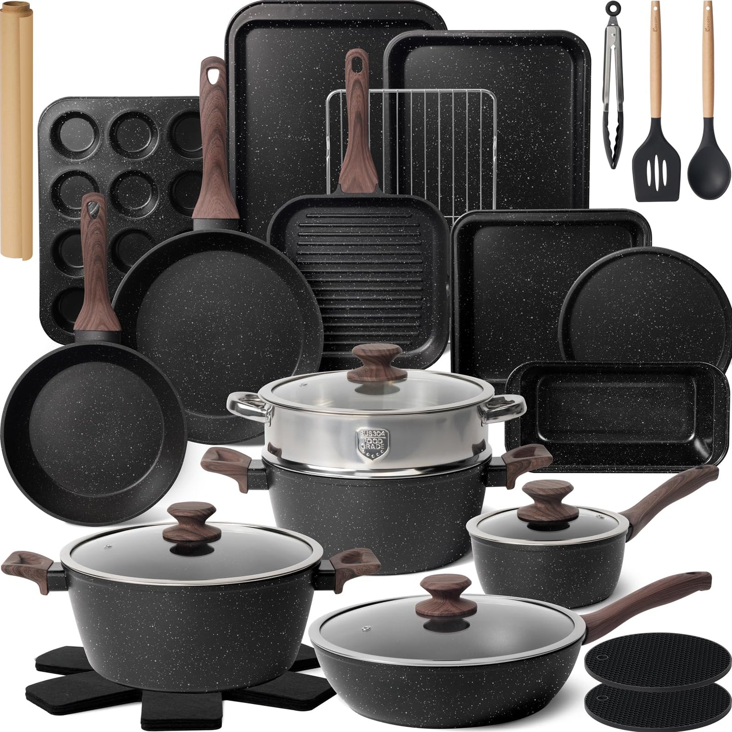 KIKCOINE Pots and Pans Set Non Stick 31 Piece Kitchen Non stick Cooking Cookware Sets