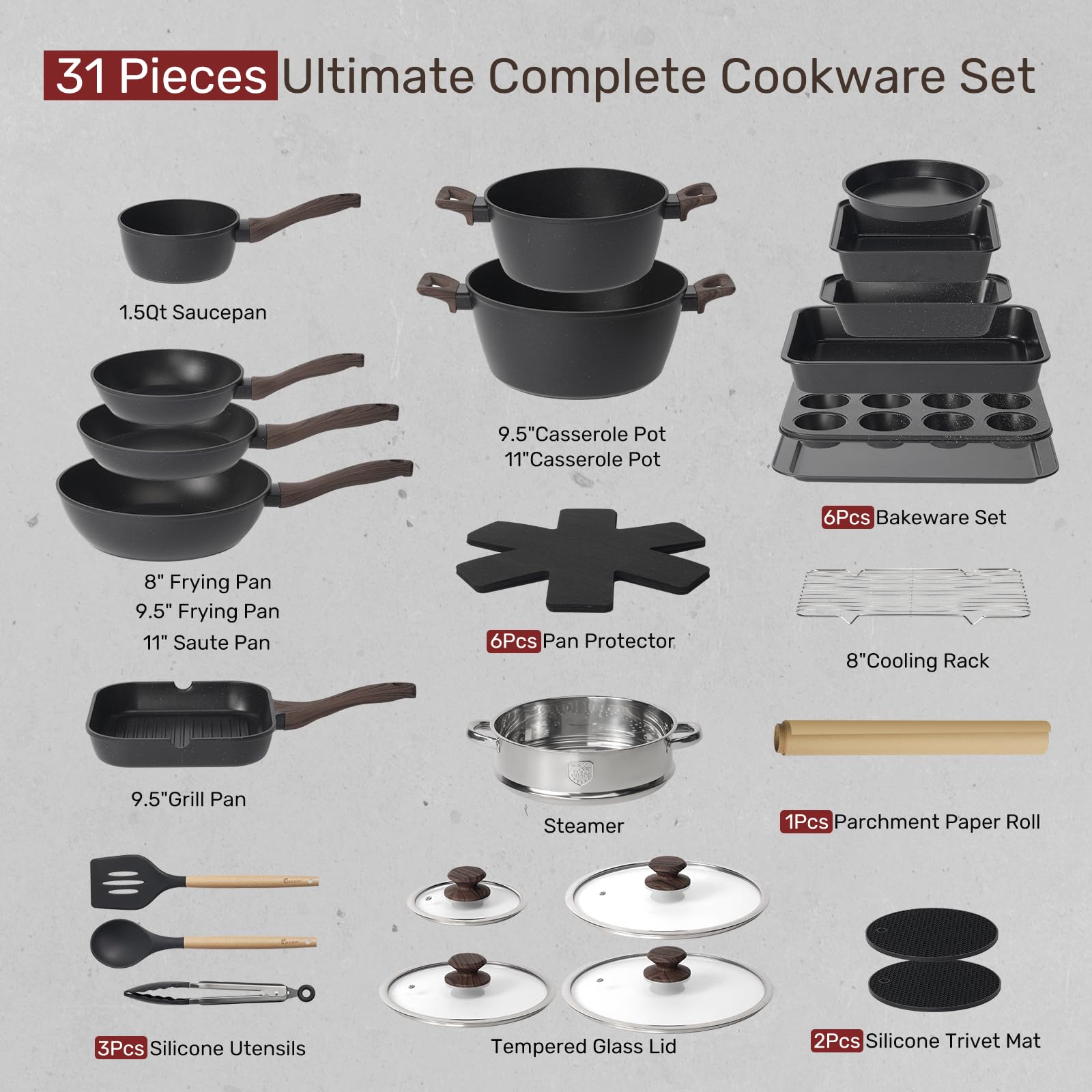 KIKCOINE Pots and Pans Set Non Stick 31 Piece Kitchen Non stick Cooking Cookware Sets
