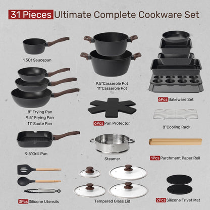 KIKCOINE Pots and Pans Set Non Stick 31 Piece Kitchen Non stick Cooking Cookware Sets