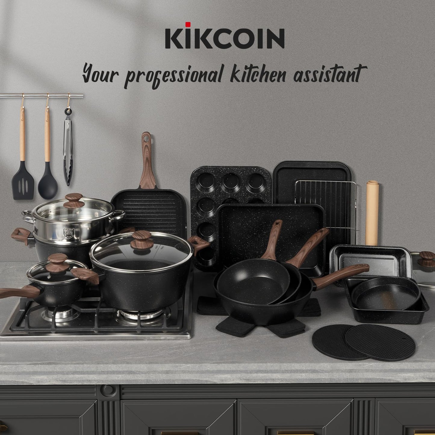 KIKCOINE Pots and Pans Set Non Stick 31 Piece Kitchen Non stick Cooking Cookware Sets