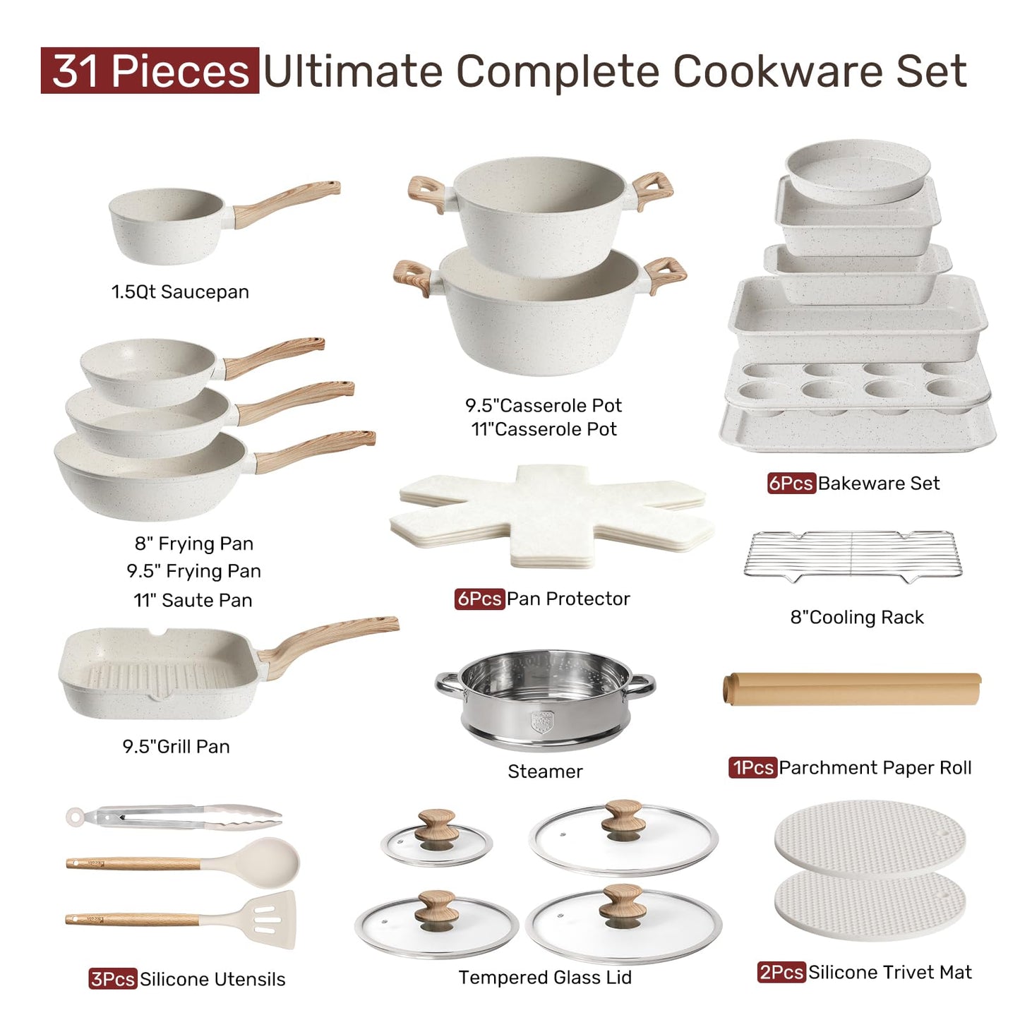 KIKCOINE Pots and Pans Set Non Stick 31 Piece Kitchen Non stick Cooking Cookware Sets