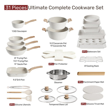 KIKCOINE Pots and Pans Set Non Stick 31 Piece Kitchen Non stick Cooking Cookware Sets